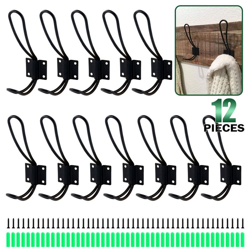 Keadic 12 Pack Heavy Duty Rustic Black Coat Hooks Kit with Screws and Expansion Screws Included, Wall Mounted Coat Hanger | Double Vintage Wall Hooks for Hanging Look (Black - 12 Pack) - Image 1